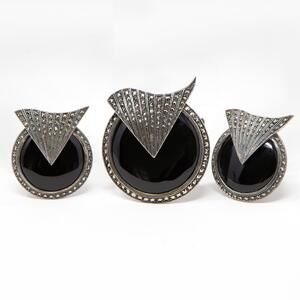 Vtg SHA Art Deco Style 925 Silver Black Onyx Marcasite Brooch Earrings Set Read